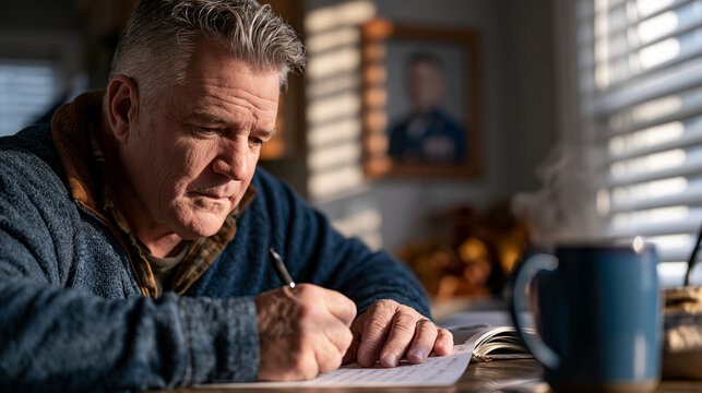Military veteran seated alone at a kitchen table in November, writing names into a gratitude letter by hand, framed service portrait on the wall behind, steaming mug nearby, late afternoon light cas
