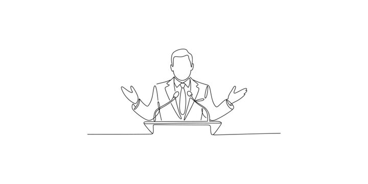 A man in a suit standing at a podium with his hands outstretched in a gesture of explanation or emphasis isolated on white background