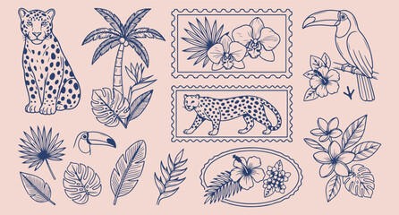 Exotic jungle animal pattern, palm and orchid leaf, minimalist tropical nature vector, clean leopard wildlife sketch, paradise forest graphic design, premium wild cat illustration, tropical background © Geetaroy