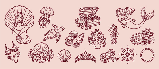 Underwater treasure chest discovery, marine shell and pearl, minimalist beach adventure vector, clean ocean exploration sketch, nautical theme graphic, premium sea treasure illustration, pirate loot b © Geetaroy
