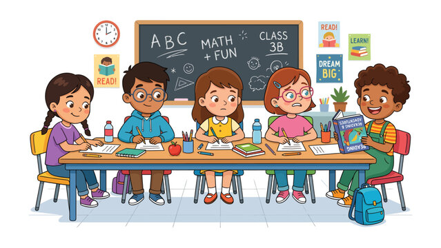 Classroom Learning Scene: Diverse group of young students attentively participate in a lively classroom setting.