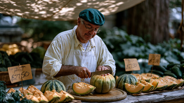 Outdoor summer farmers market stall with a vendor slicing fresh melon samples for passing customers, paper price signs hand-lettered and staked into produce displays, canvas shade awning casting dap