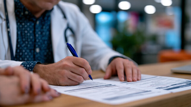Over-the-shoulder view of a nutritionist writing a personalized meal plan during a hospital outpatient consultation, patient's hands folded on the desk across from her, printed food intake forms spr