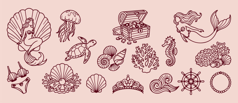 Underwater treasure chest discovery, marine shell and pearl, minimalist beach adventure vector, clean ocean exploration sketch, nautical theme graphic, premium sea treasure illustration, pirate loot b