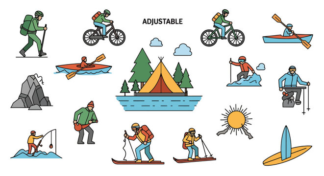Diverse outdoor activities and adventure scenes illustration.