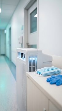Modern air purification system in clean hospital corridor with medical supplies and bright lighting