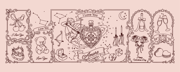 Obraz premium Romantic love potion bottle, apothecary vintage sketch set, minimalist valentine day vector, clean love spell illustration, magical romantic graphic, premium heart flask design, love symbol background