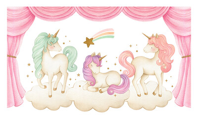 Watercolor unicorn illustration set in fairytale style on white background with pink curtains, cute unicorns, fluffy clouds, shooting star and rainbow trail, perfect for kids nursery decor © Carol Lozove