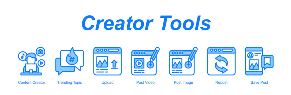 Creator Tools banner web icon vector illustration concept with an icon of Content Creator, Trending Topic, Upload, Post Video, Post Image, Repost, Save Post