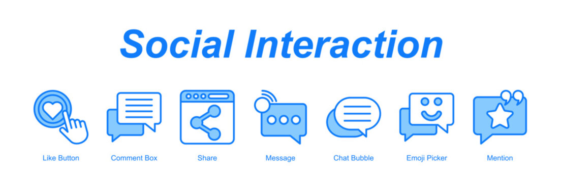 Social Interaction banner web icon vector illustration concept with an icon of Like Button, Comment Box, Share, Message, Chat Bubble, Emoji Picker, Mention  
