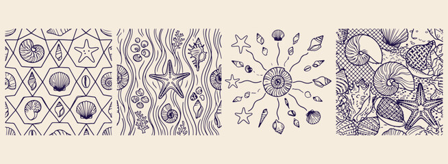 Marine ocean life pattern, shell and starfish illustration, nautical sea beach sketch, minimalist underwater nature vector, clean coral reef graphic, premium aquatic line art, marine biology design mi © Geetaroy