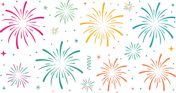 Colorful firework displays and sparkling bursts illuminate a celebratory white background