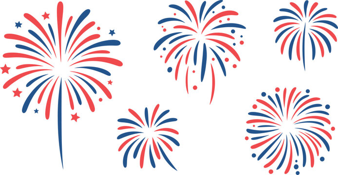 A vibrant collection of red white and blue fireworks displays in the sky