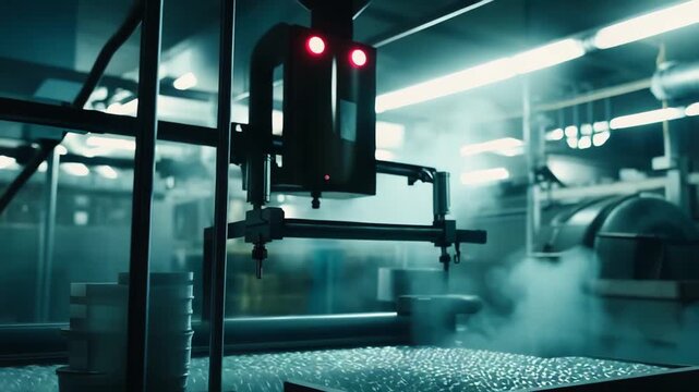 Industrial machinery performing an automated task on a production line, creating a futuristic vision of manufacturing and technology amid steam and atmospheric lighting