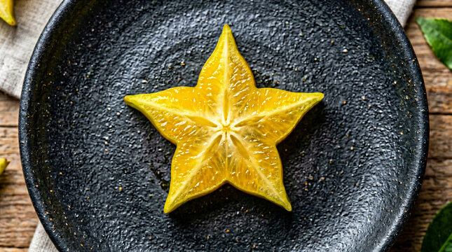 Fresh sliced carambola starfruit on dark plate top view healthy tropical fruit food background
