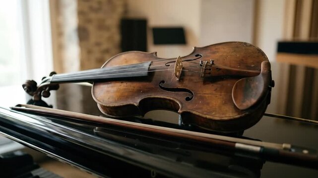old violin on the piano, strong commercial concept, natural light, clean composition, photorealistic, high detail, crisp focus, polished finish premium stock appeal clean studio background subtle