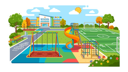 School Playground Panorama: A vibrant illustration captures a bustling school playground with modern facilities including swings, slides, climbing frames, and a soccer field. © Karima