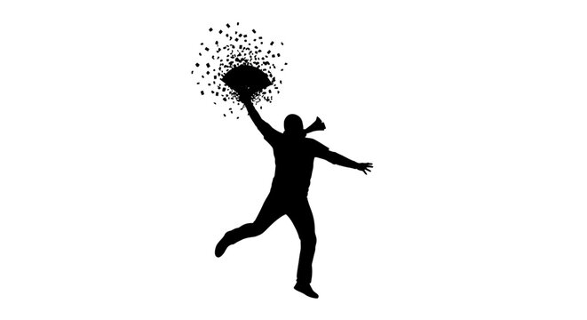 Silhouette of man throwing papers.