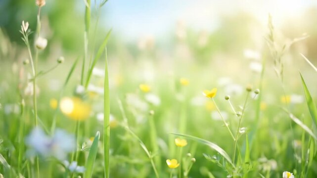 Abstract spring or summer background with fresh grass, airy seasonal visual for wellness, eco branding and greeting designs, bright natural tones, soft blur, clean composition, light optimistic mood,