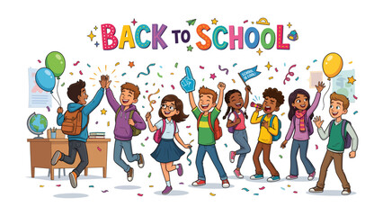 Fototapeta premium Back to School Celebration: A vibrant illustration depicts a group of diverse children exuberantly celebrating their return to school, surrounded by confetti and balloons.