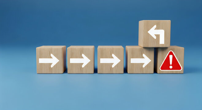 Wooden blocks showing process with warning sign