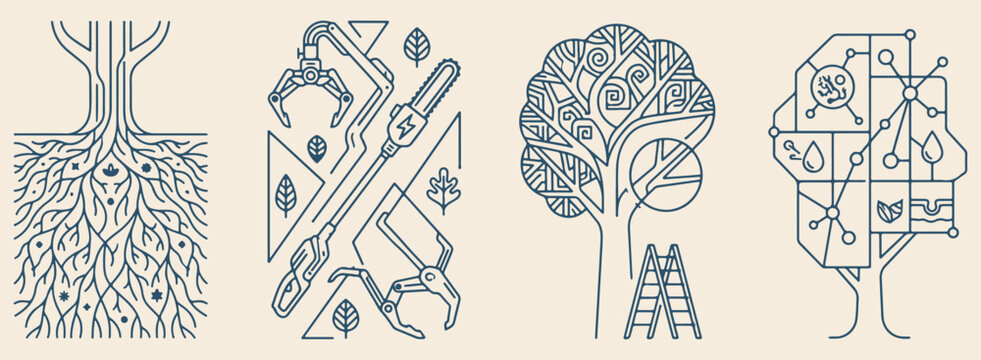 Technology circuitry network, organic tree structure, nature digital fusion, ecological innovation concept, creative line art illustration, minimal vector graphic, clean modern design
technology, circ