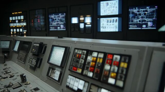 Control room console displaying various data and schematics on multiple screens. Managing and monitoring critical industrial operations with advanced technology and sophisticated electronic equipment