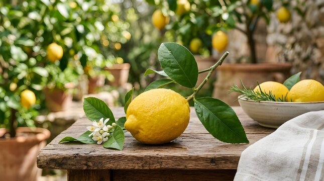 Fresh lemon with leaves and blossoms on a rustic wooden table