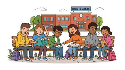Back to School Bash: A group of diverse school children sit on a bench outside their school, some studying, some chatting, capturing the essence of school days and learning.