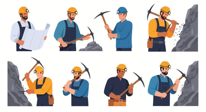 Miners in various poses with pickaxes at a mining site outdoors