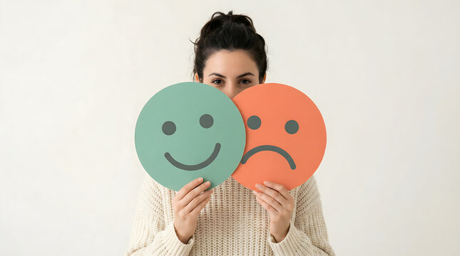 Woman holding happy and sad faces, duality of emotions, mood swings