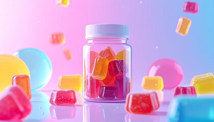 Fototapeta premium A jar filled with colorful vitamin gummies surrounded by translucent jelly shapes on a pastel background