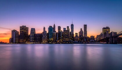 Fototapeta premium A city skyline at dusk with a body of water in the foreground (2)