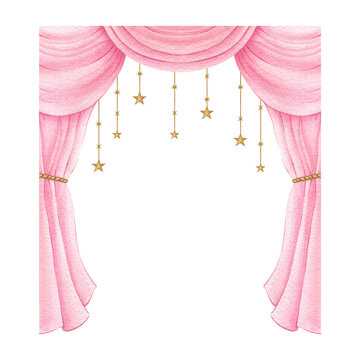 Watercolor pink curtain decoration element PNG with hanging gold stars, fairytale stage drape for princess birthday, invitation, nursery decor, fantasy clipart