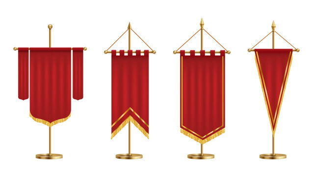 Medieval style flags with realistic fabric rendering and natural folds. Vector traditional symbols, identity marks and decorative forms. Authenticity gonfalons. Historical content and heraldic design