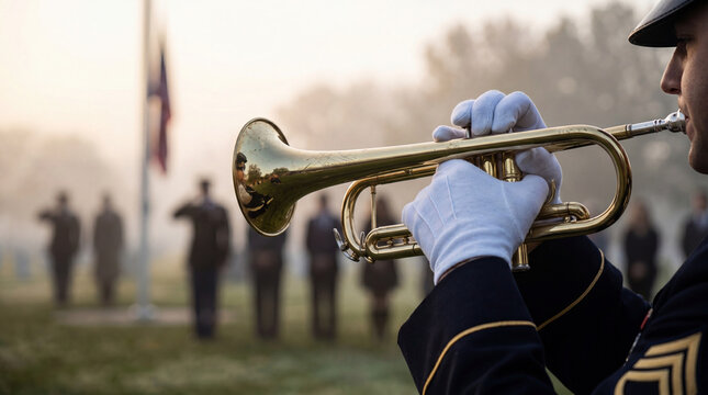 Soldier playing bugle at ceremony. Military musician performing Taps during Memorial Day service. Honoring fallen heroes and veterans in somber patriotic tribute at military cemetery.
