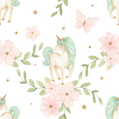 Fototapeta premium Watercolor seamless unicorn pattern on white background with green mane unicorn, pink flowers, leaves, butterfly and stars, for fabric and wallpaper