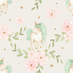 Fototapeta premium Watercolor seamless unicorn pattern on off-white gray background with green mane unicorn, pink flowers, leaves, butterfly and stars, for fabric and wallpaper