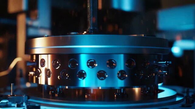 Advanced precision machinery operating in a futuristic setting, producing small sparks and illuminated by blue and amber light, symbolizing innovation, engineering, and scientific progress