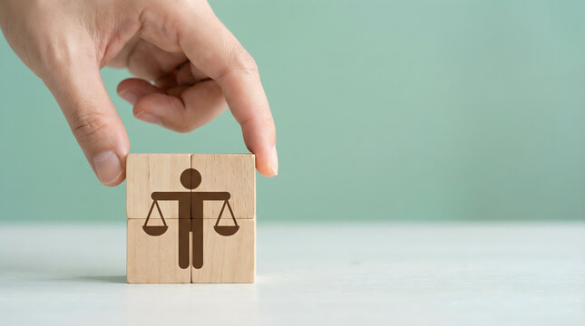 Human Hand Placing Justice Scale Puzzle Piece Symbolizing Law and Fairness