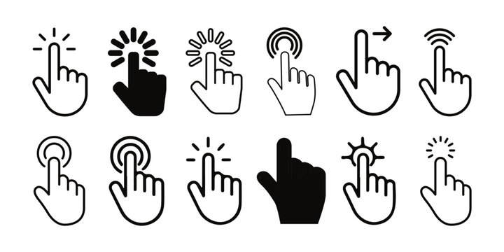 Computer mouse click cursor arrow icons, Clicking cursor. Hand cursors icons click set. Click touch cursor icon set user interface interaction pointer.