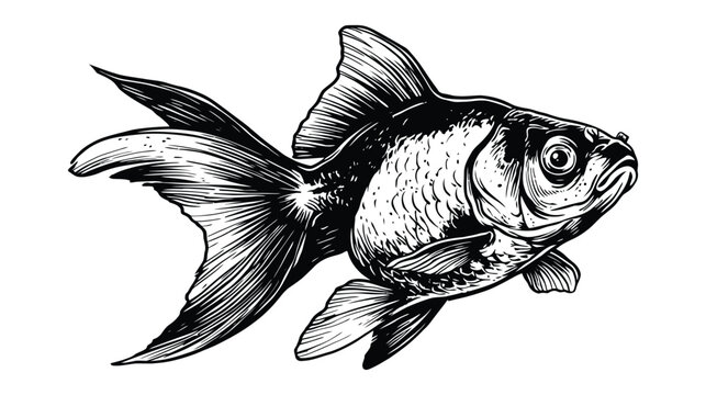 Ornate goldfish illustration, detailed black and white engraving of a fancy fish