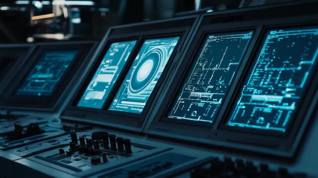 Control room consoles featuring multiple illuminated screens with advanced user interfaces and technical readouts, representing data analysis and system management in a modern, high tech environment