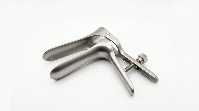 Metal gynecological speculum on white background with gynecological instrument