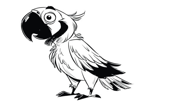 Whimsical black and white cartoon illustration of a surprised parrot