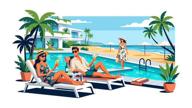 Tropical Paradise Vacation: A couple relaxes poolside with drinks in hand at a luxurious beach resort, surrounded by palm trees and ocean views, embodying the essence of a perfect getaway.