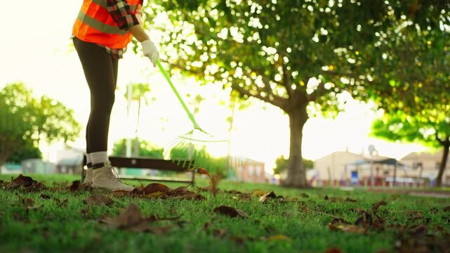 Environmental activist in reflective vest raking dry autumn leaves in public park, supporting urban cleanliness, sustainability, and environmental responsibility.