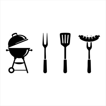 Barbecue grill and grilling utensils solid black vector icons with hot dog barbecue grilling kitchenware