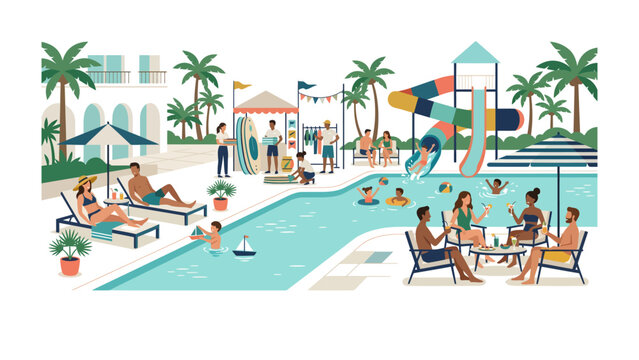 Summer Poolside Paradise: A vibrant illustration depicts a bustling resort scene with people enjoying various activities by a sparkling swimming pool, including sunbathing, swimming.