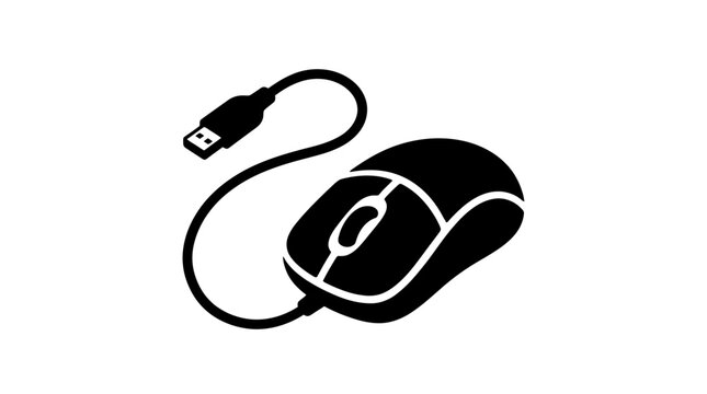 Black Computer Mouse with USB Cable Isolated on White Background.